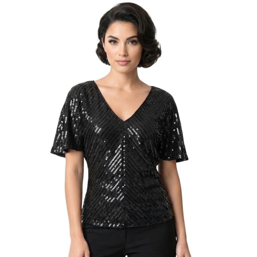 Say What Black Womens XL Blouse Sequins V Neck Dolman Sleeve Top Glam Party Chic
